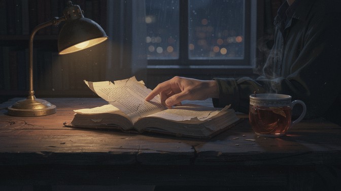 An open book under a reading lamp at night