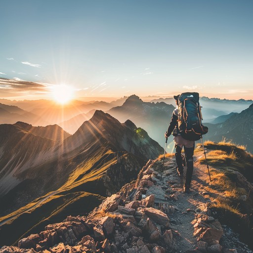 A hiker on a mountain ridge at sunrise